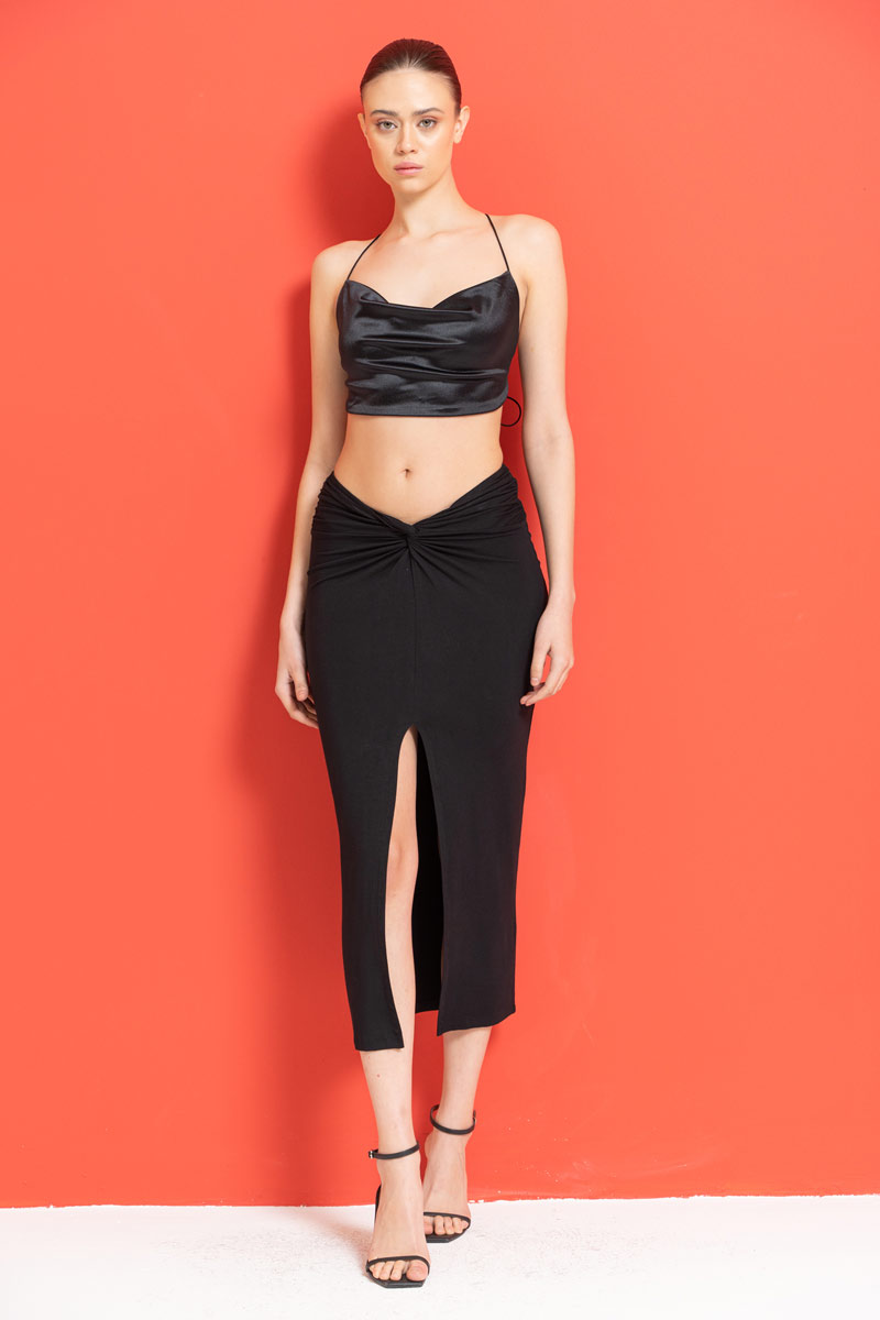 Black Ruched Split-Front Skirt