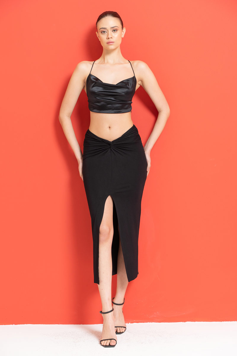 Black Ruched Split-Front Skirt