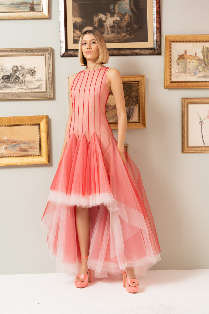 RED & BEİGE Önü Kısa Arkası Uzun Kolsuz Tül Elbise