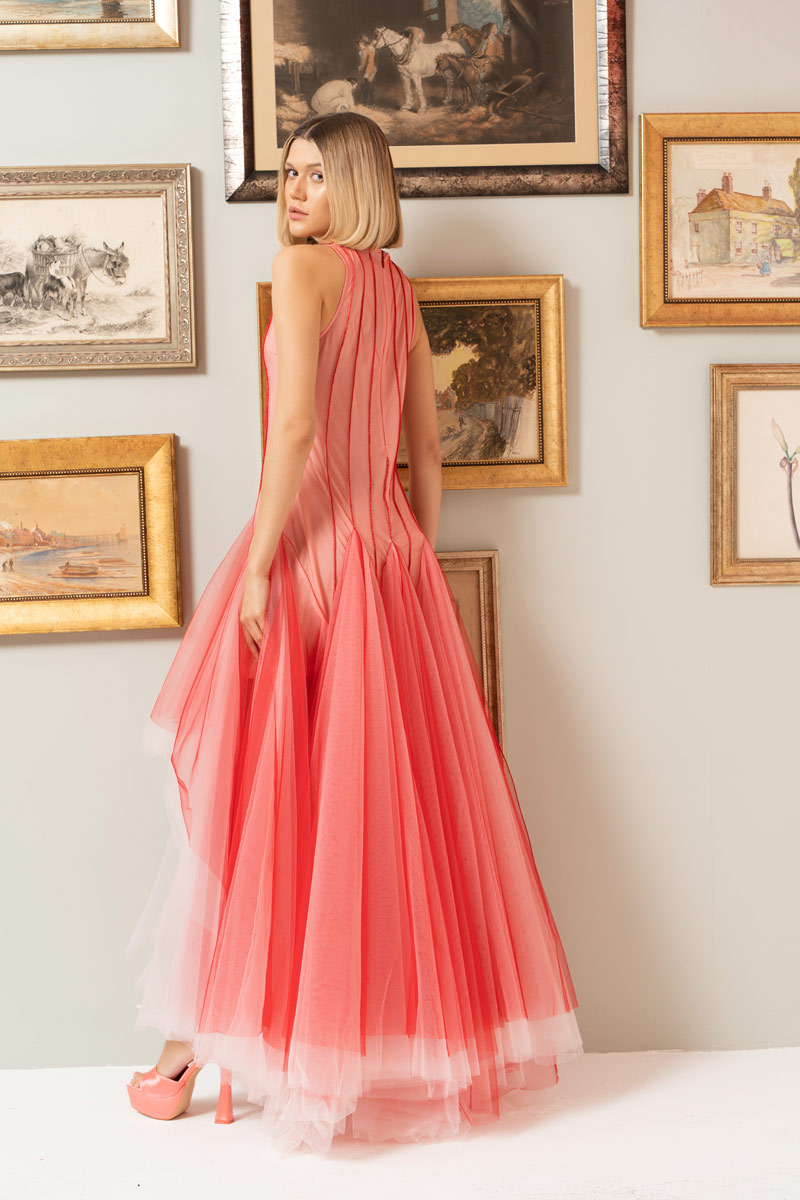 RED & BEİGE Önü Kısa Arkası Uzun Kolsuz Tül Elbise