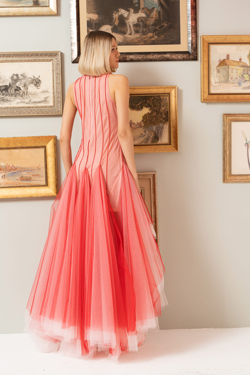 RED & BEİGE Önü Kısa Arkası Uzun Kolsuz Tül Elbise