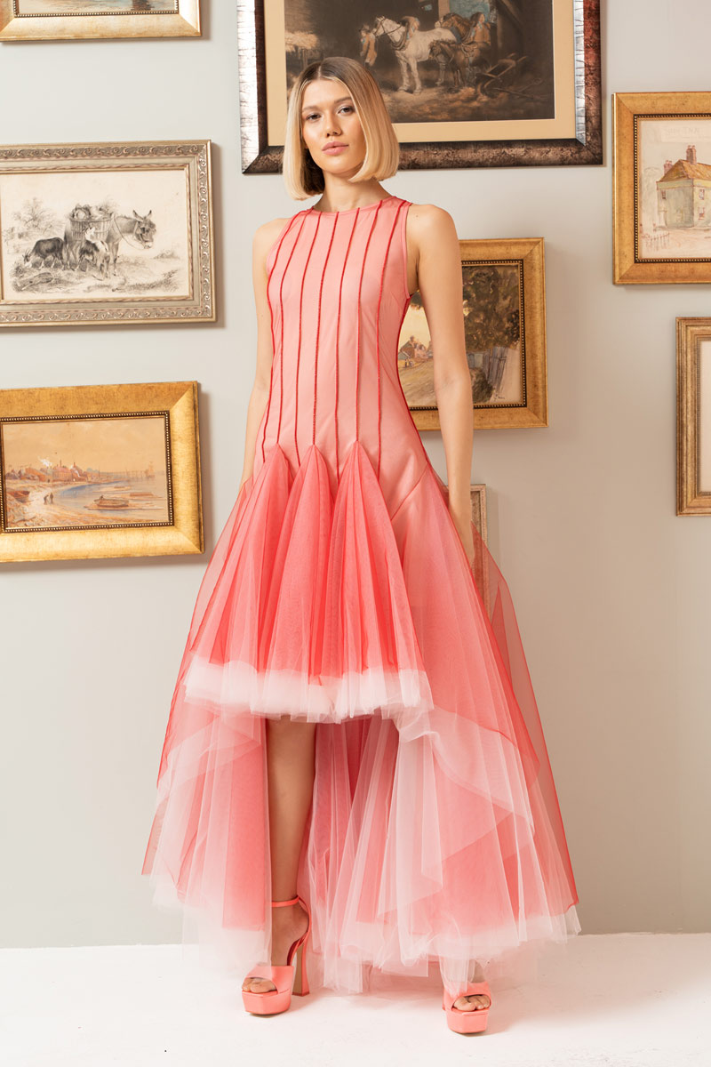 RED & BEİGE Önü Kısa Arkası Uzun Kolsuz Tül Elbise