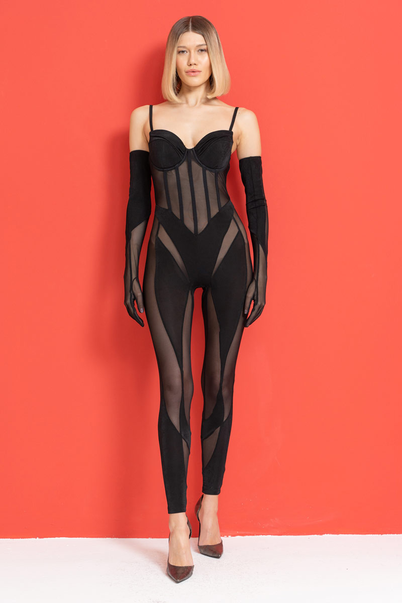 Sheer Black Jumpsuit with Padded Cups & Gloves