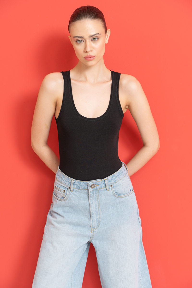 Black Cotton U-Neck Tank Top