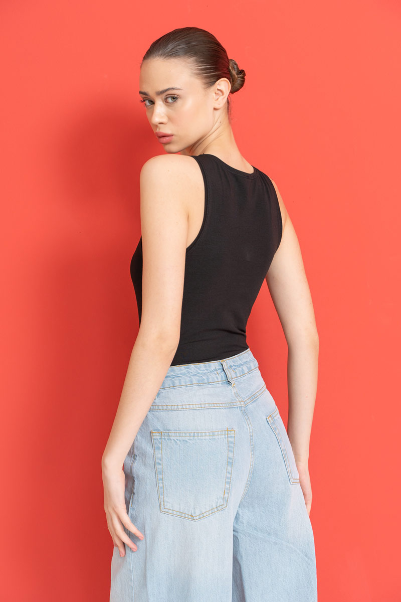 Black Cotton U-Neck Tank Top