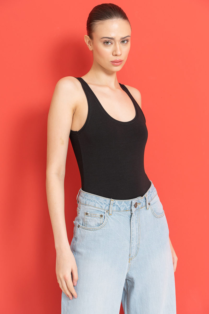 Black Cotton U-Neck Tank Top