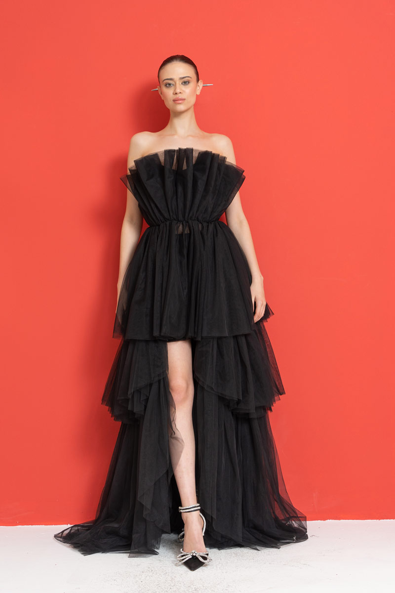 Straplez Volanlı Siyah Mini Elbise