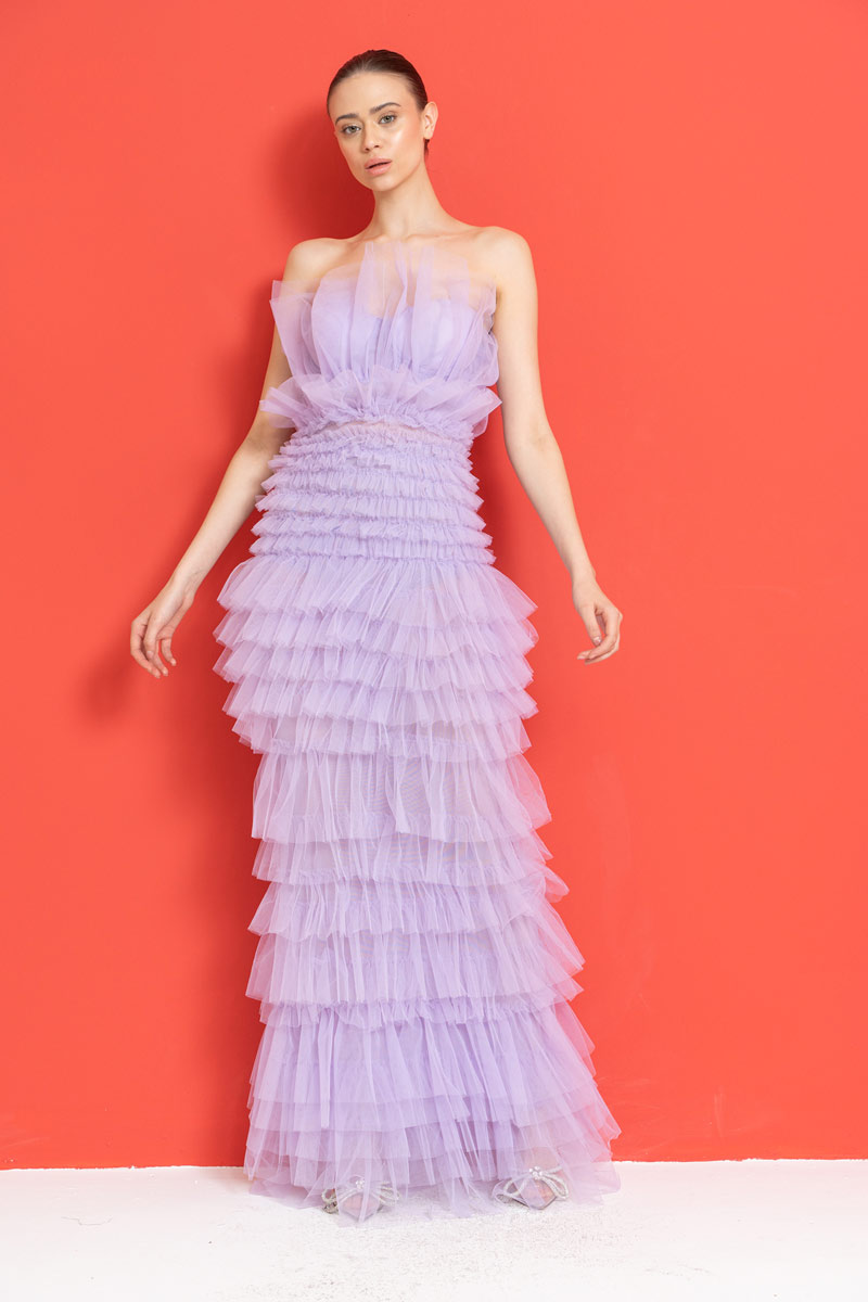Straplez Fırfırlı Lila Maxi Elbise