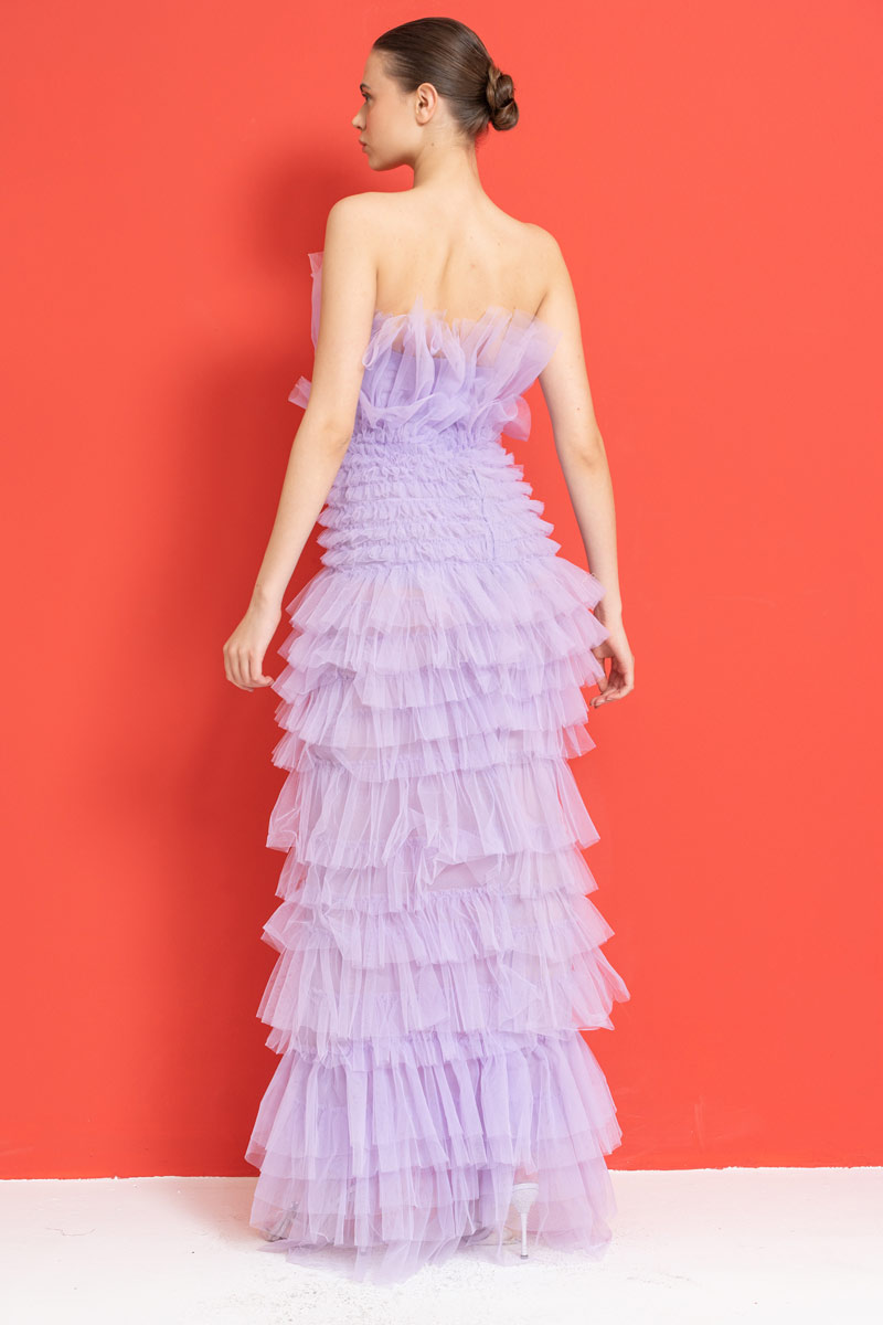 Straplez Fırfırlı Lila Maxi Elbise