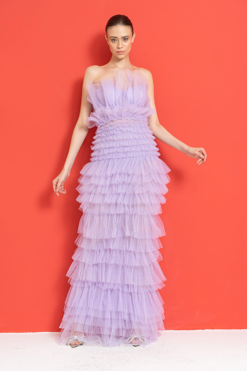 Straplez Fırfırlı Lila Maxi Elbise