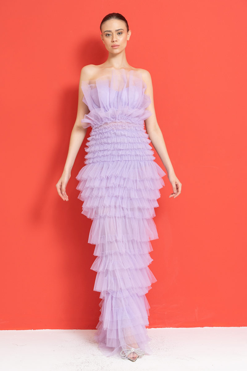 Straplez Fırfırlı Lila Maxi Elbise