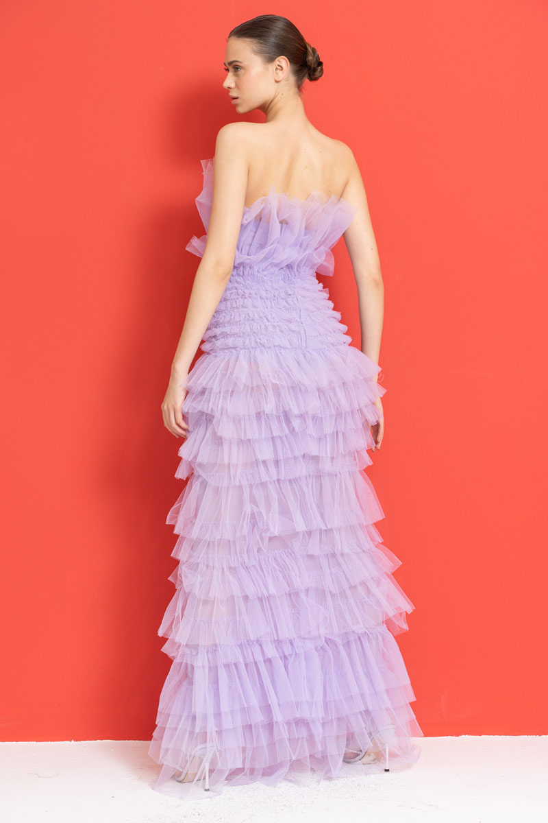 Straplez Fırfırlı Lila Maxi Elbise