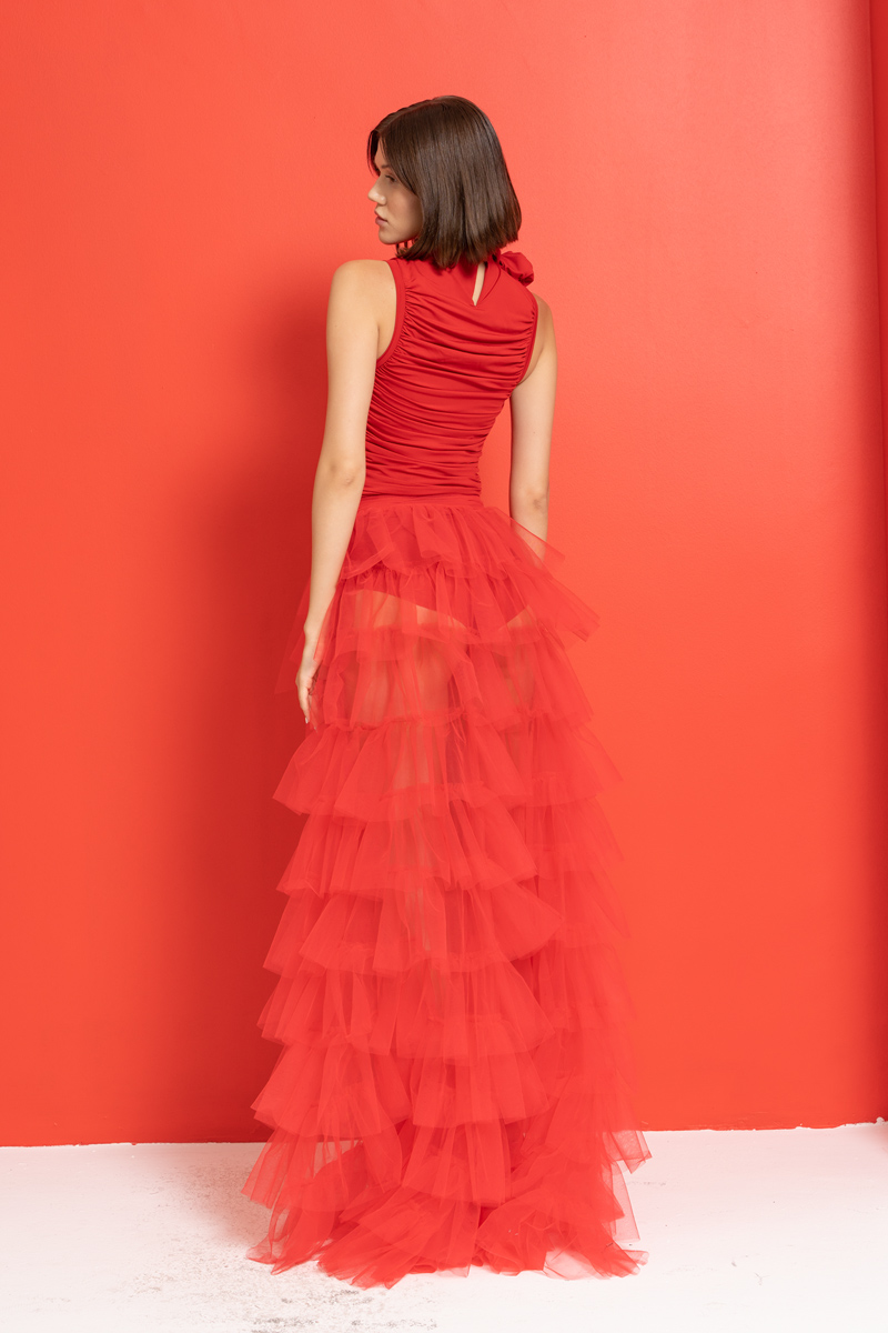 Kırmızı Gül Detaylı Büzgülü Bluz