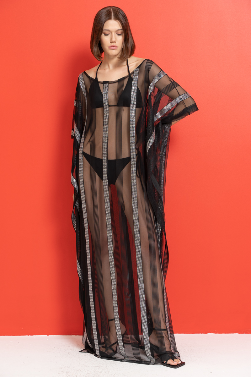 Yarasa Kol Siyah-Gümüş Transparan Tunik