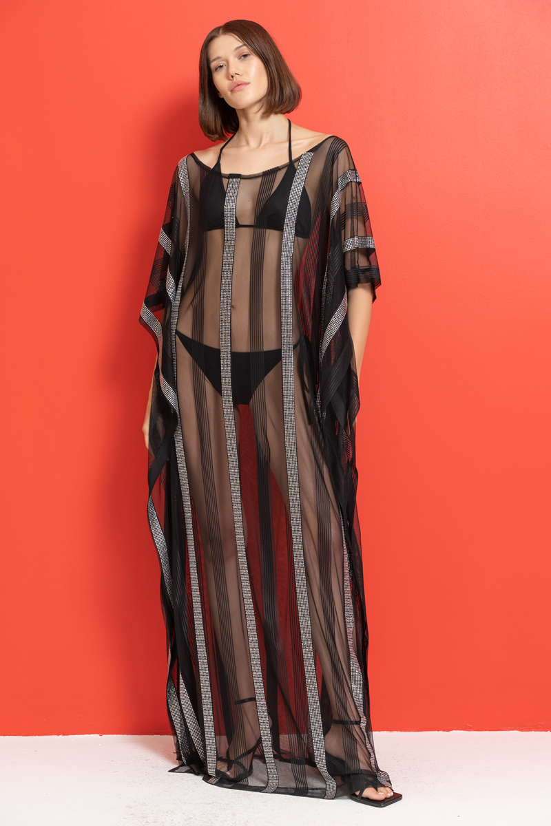 Yarasa Kol Siyah-Gümüş Transparan Tunik