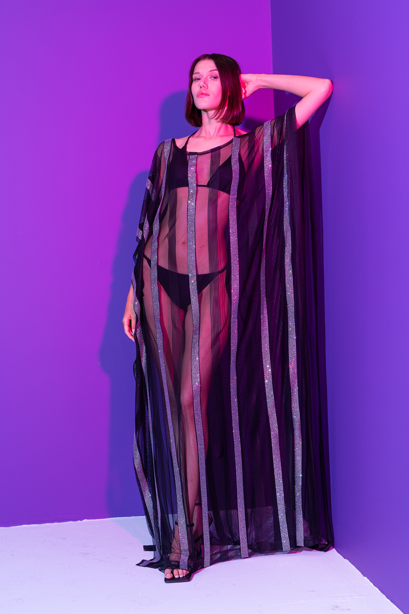 Yarasa Kol Siyah-Gümüş Transparan Tunik