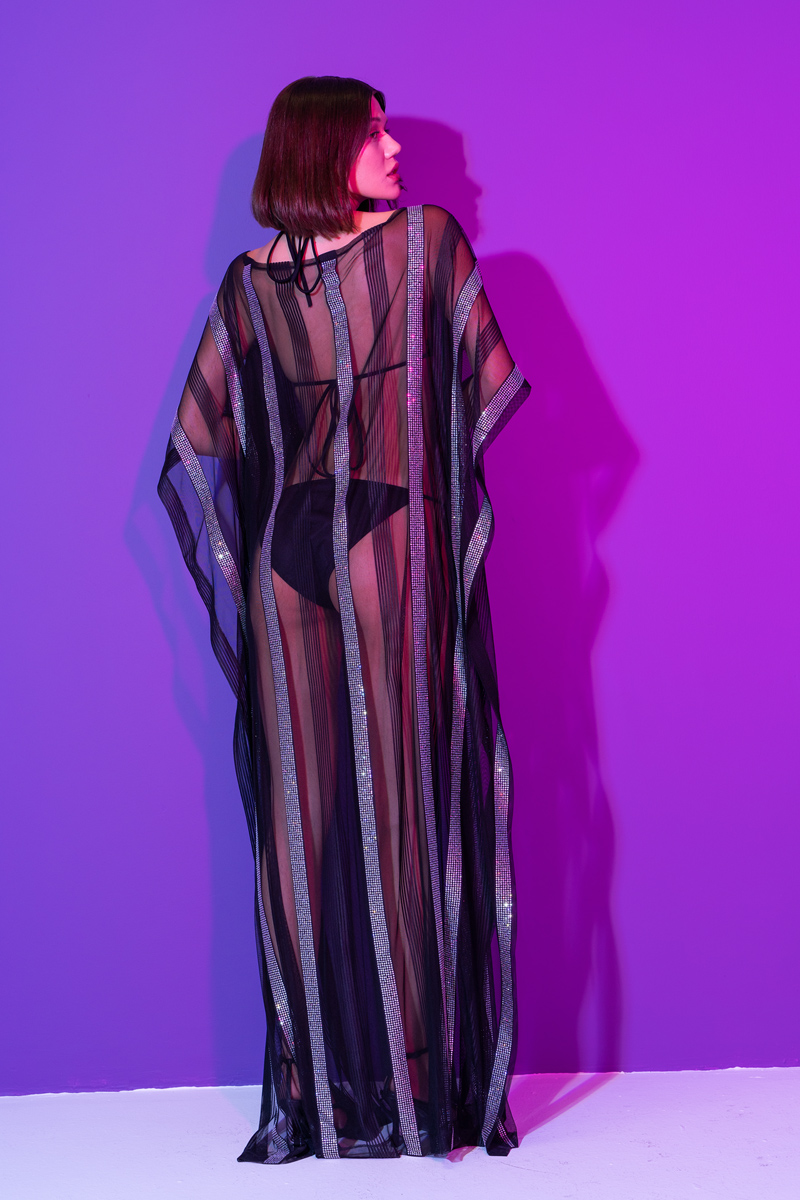 Yarasa Kol Siyah-Gümüş Transparan Tunik