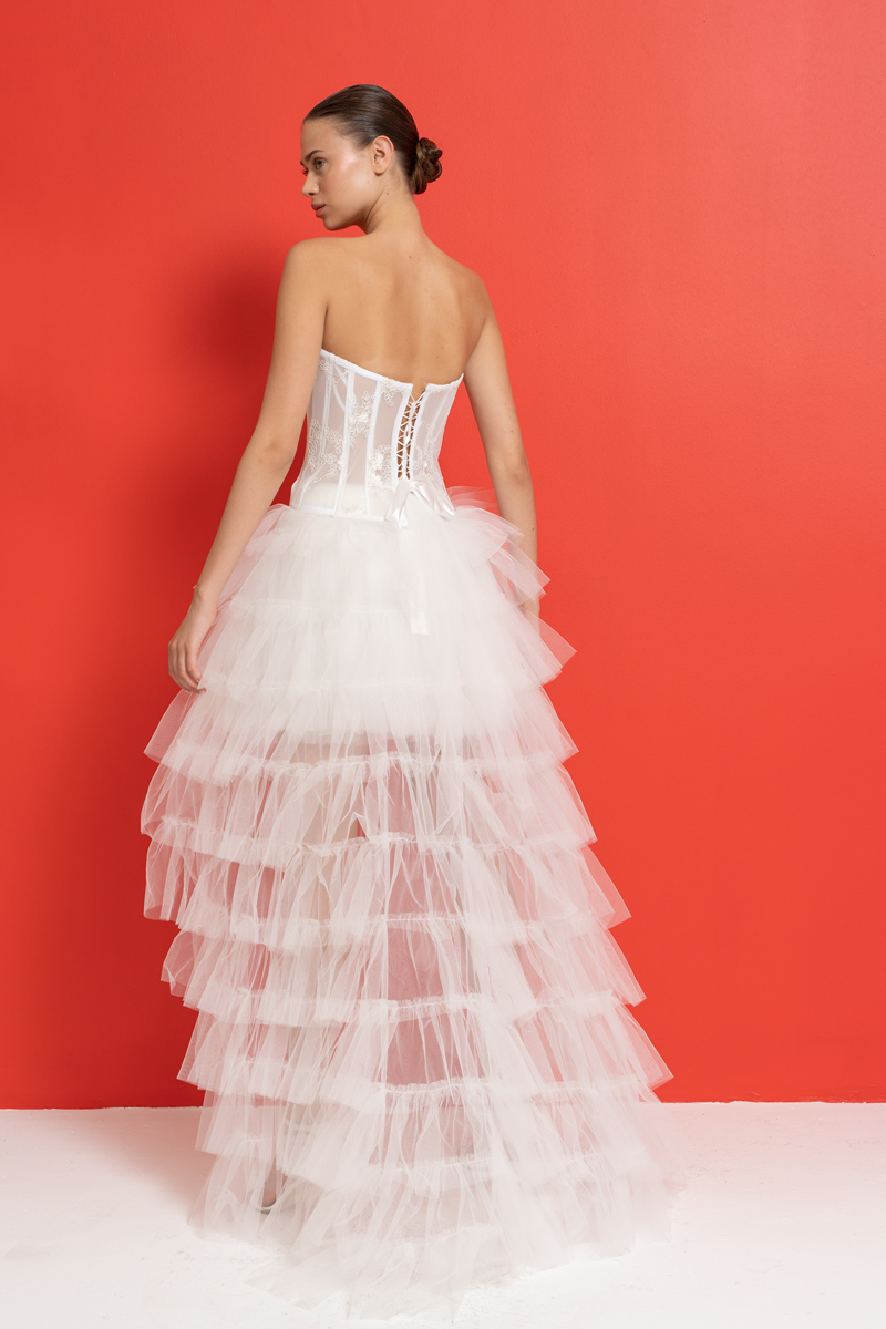 Off white Sırtı Çapraz Bağlamalı Güpürlü Büstiyer