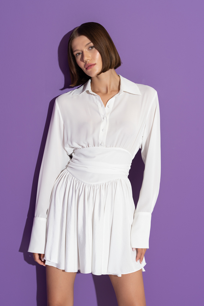 Off white Gömlek Yakalı Büzgülü Mini Elbise