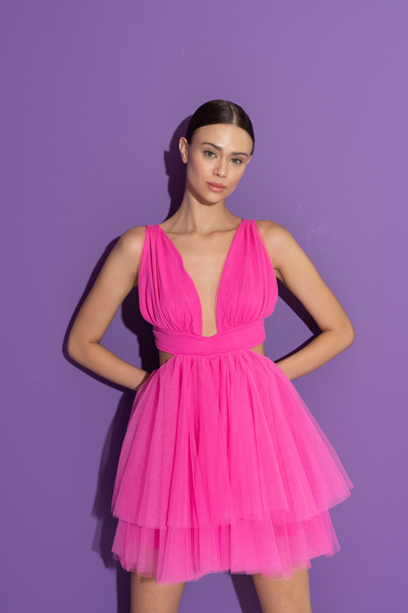 Yeni Fuşya Sırt Detaylı Mini Tütü Elbise