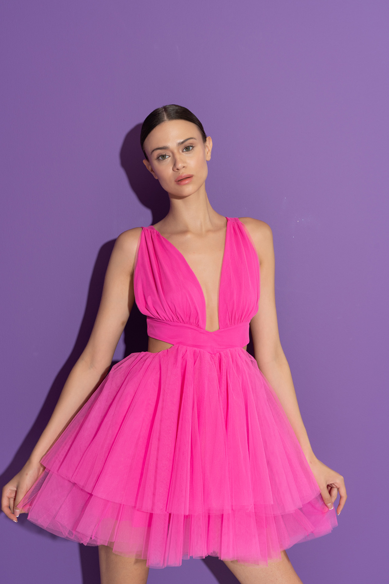 Yeni Fuşya Sırt Detaylı Mini Tütü Elbise