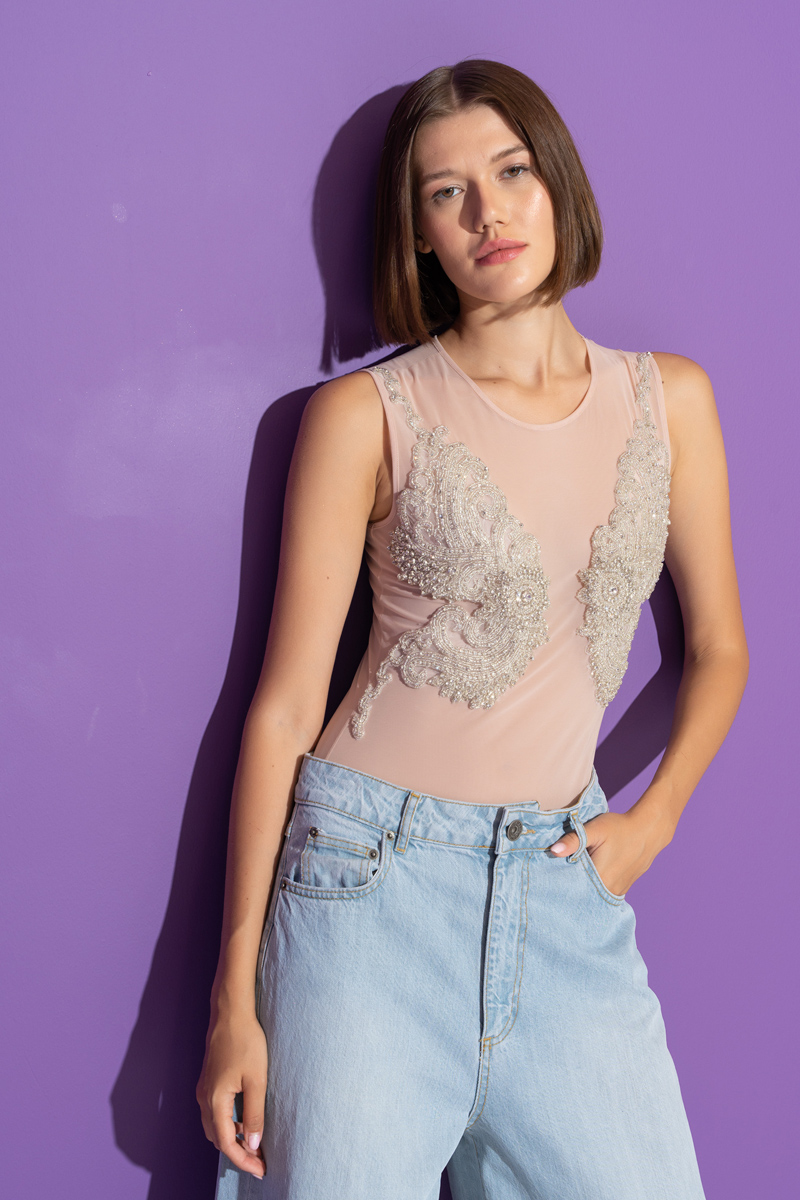 Nude Embellished Sleeveless Bodysuit