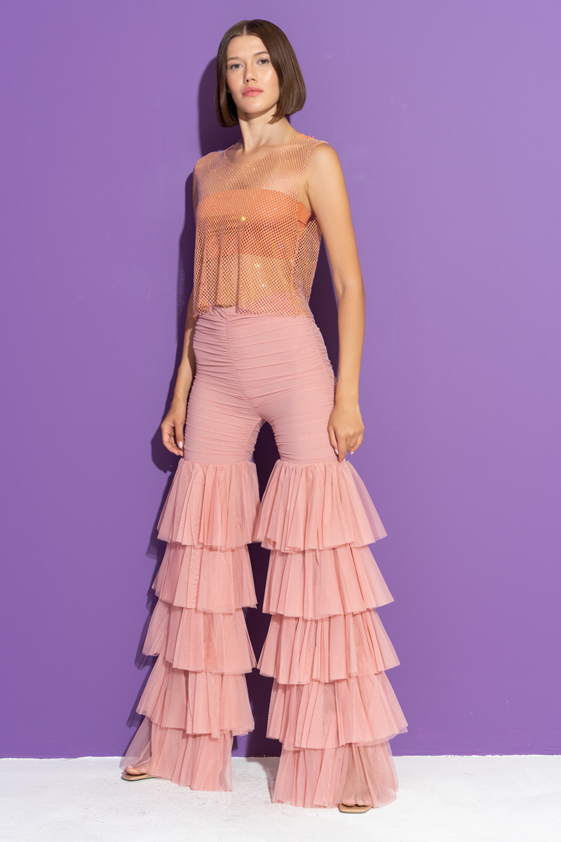 Fırfırlı Tüllü Somon Pantolon