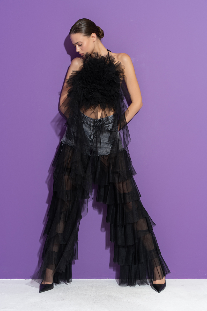 Siyah Biye Bağlamalı Güllü Saçaklı Büstiyer