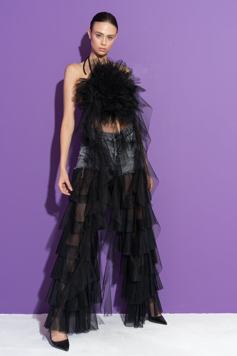 Siyah Biye Bağlamalı Güllü Saçaklı Büstiyer