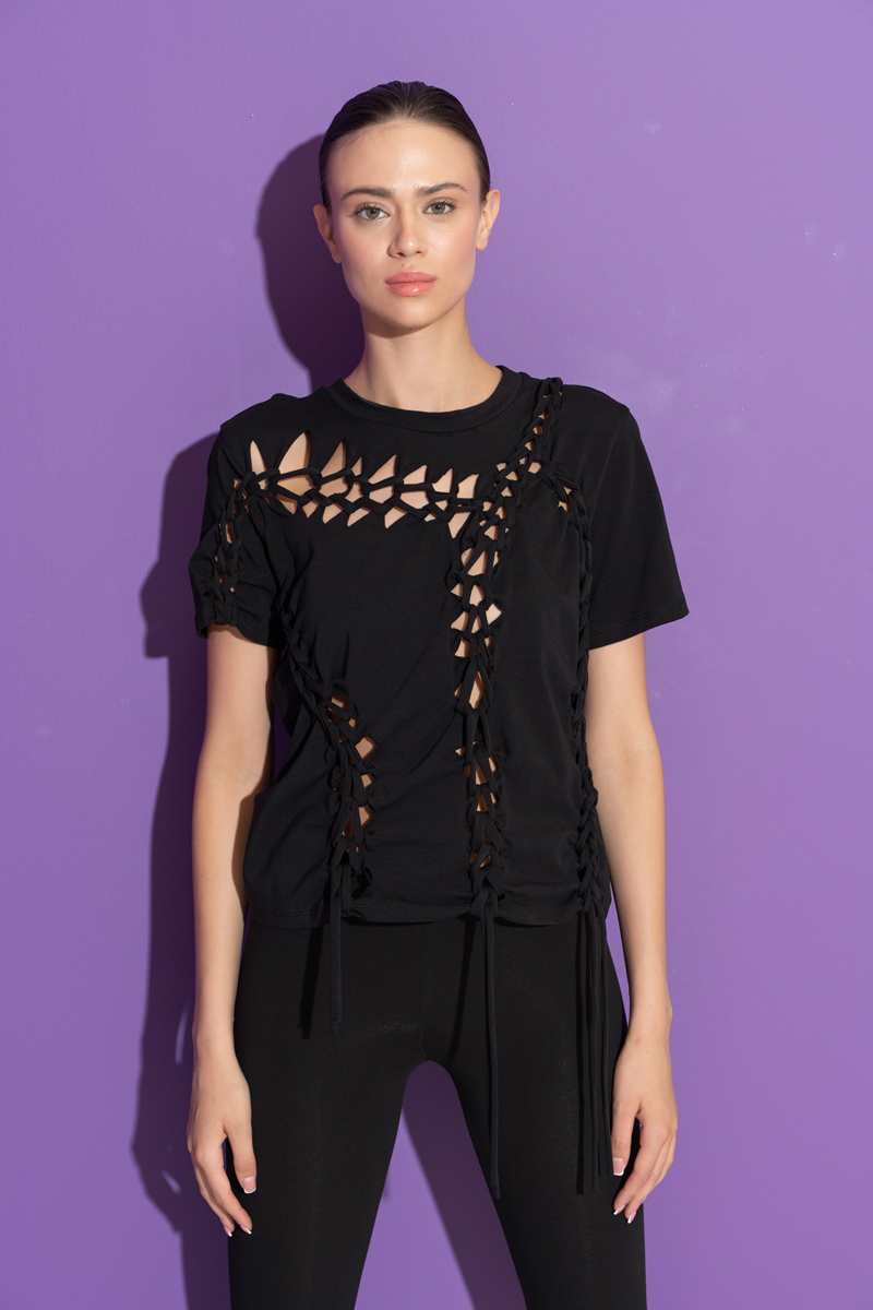 Black Knit-Accent Distressed T-Shirt