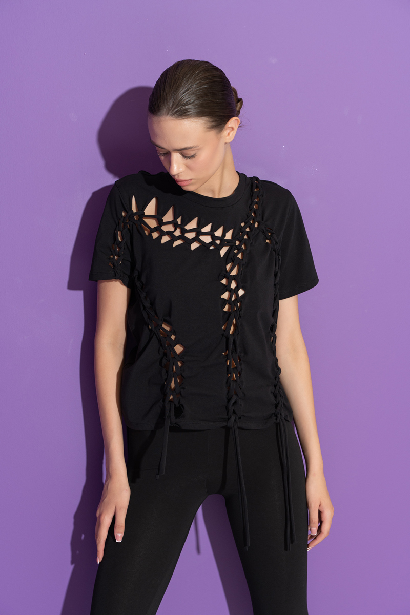 Black Knit-Accent Distressed T-Shirt