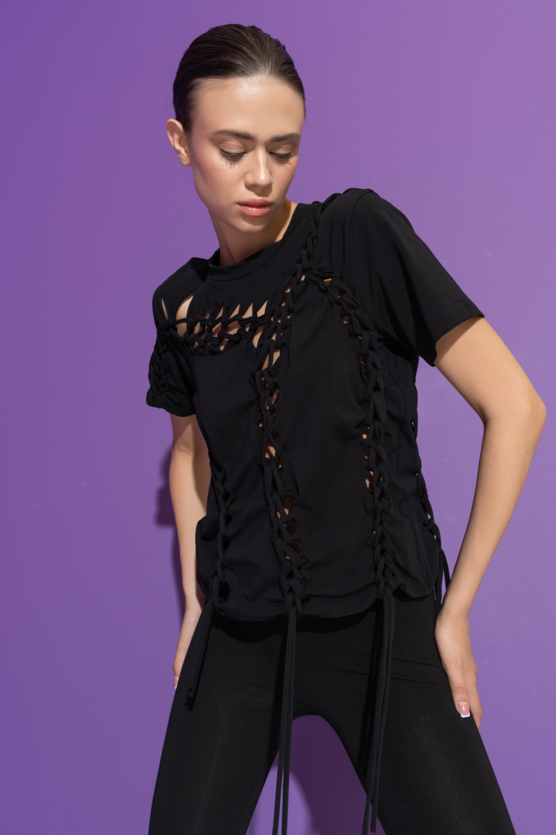 Black Knit-Accent Distressed T-Shirt