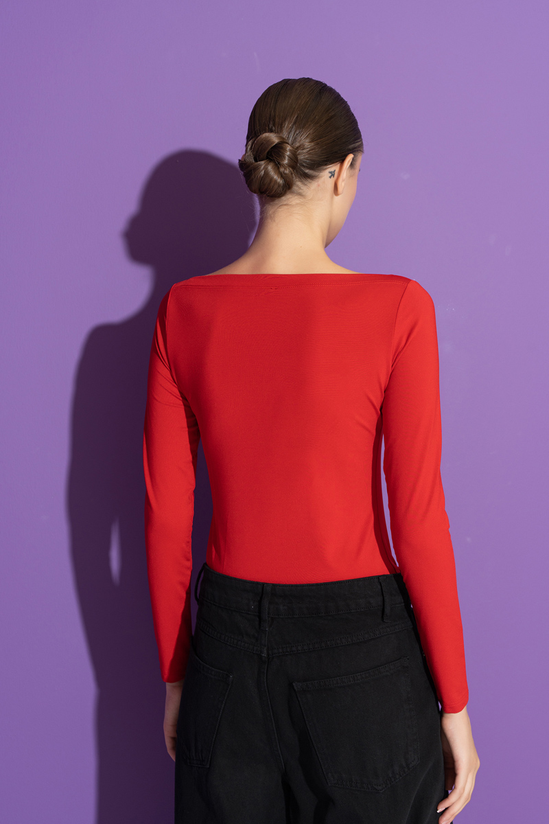 Boat Neck Long Sleeve Red Top