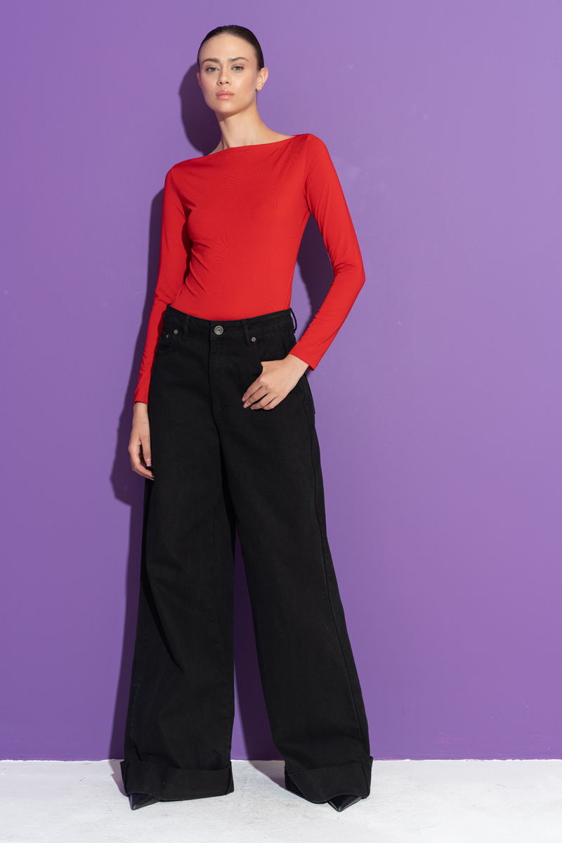 Boat Neck Long Sleeve Red Top