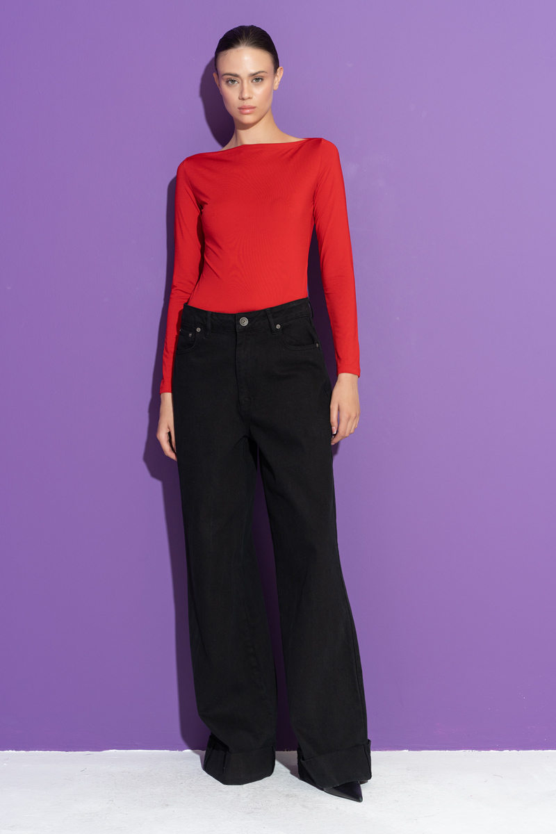 Boat Neck Long Sleeve Red Top