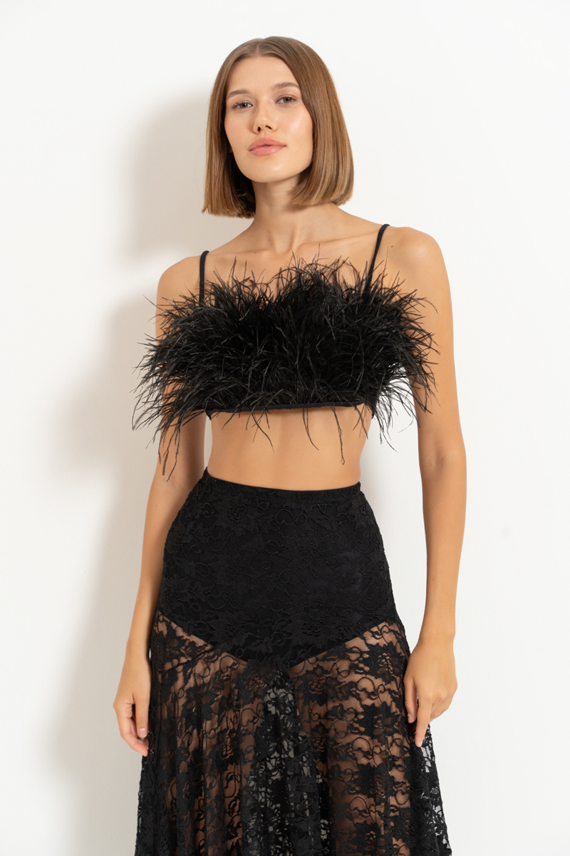 Siyah Askılı Tüylü Mini Büstiyer