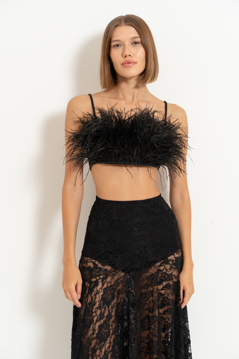 Siyah Askılı Tüylü Mini Büstiyer