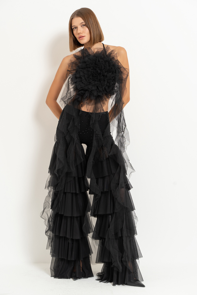 Siyah Biye Bağlamalı Güllü Saçaklı Büstiyer