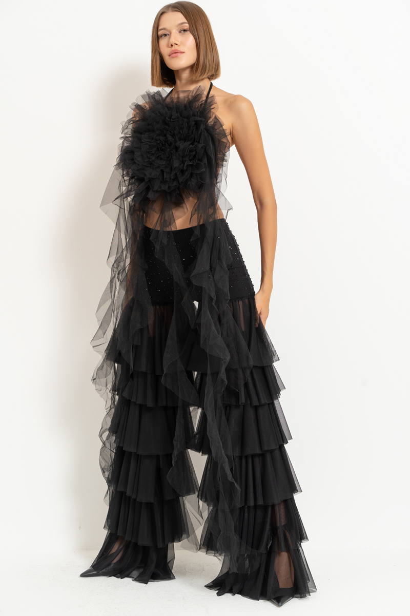 Siyah Biye Bağlamalı Güllü Saçaklı Büstiyer