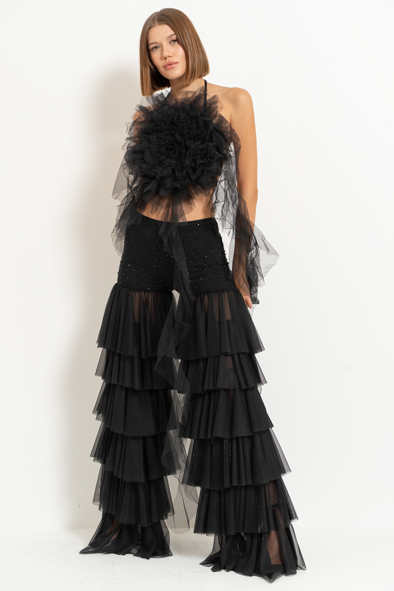 Siyah Biye Bağlamalı Güllü Saçaklı Büstiyer