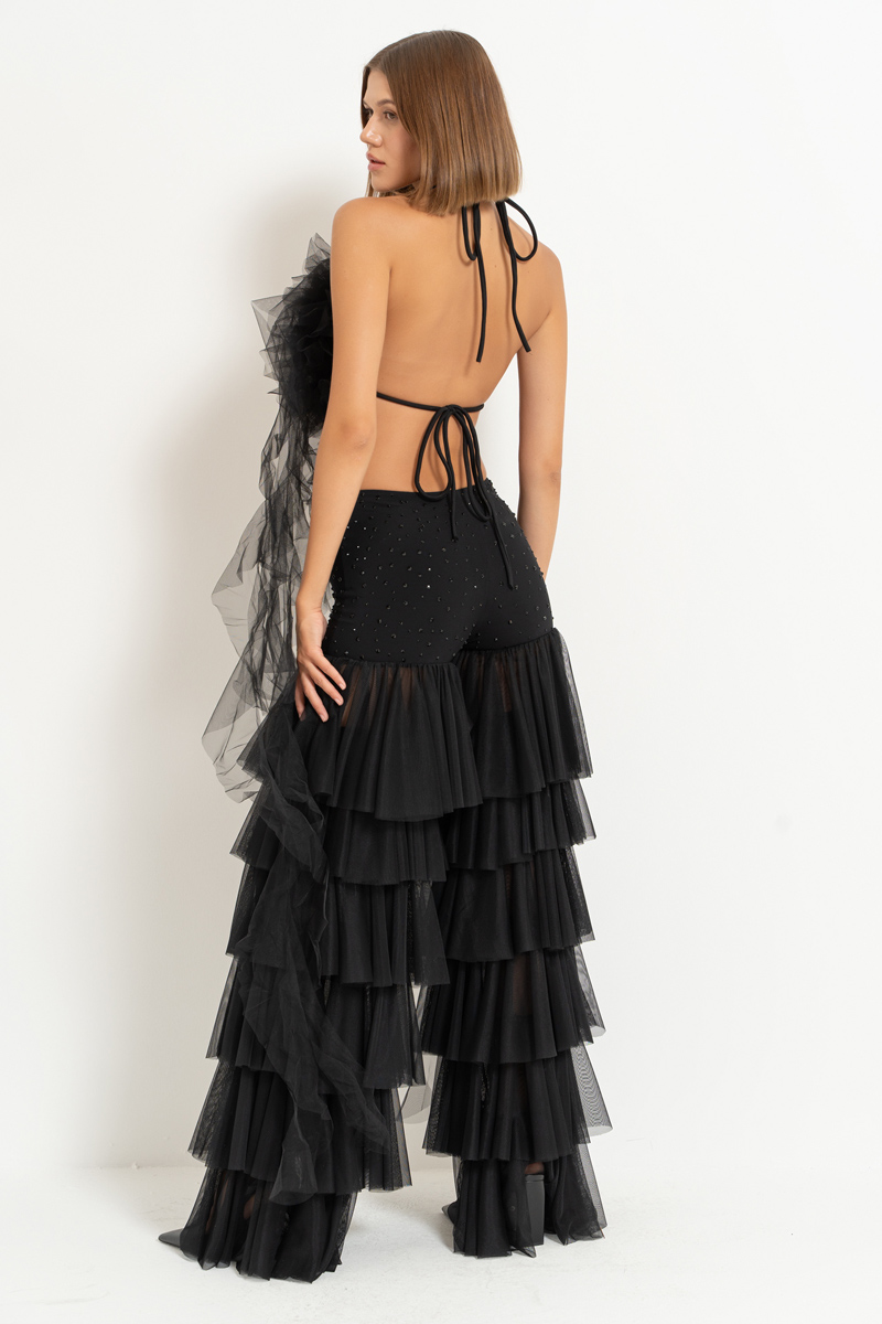 Siyah Biye Bağlamalı Güllü Saçaklı Büstiyer