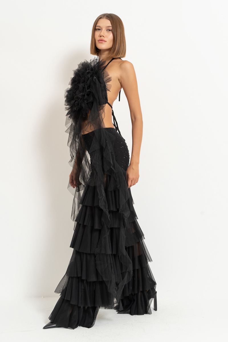 Siyah Biye Bağlamalı Güllü Saçaklı Büstiyer