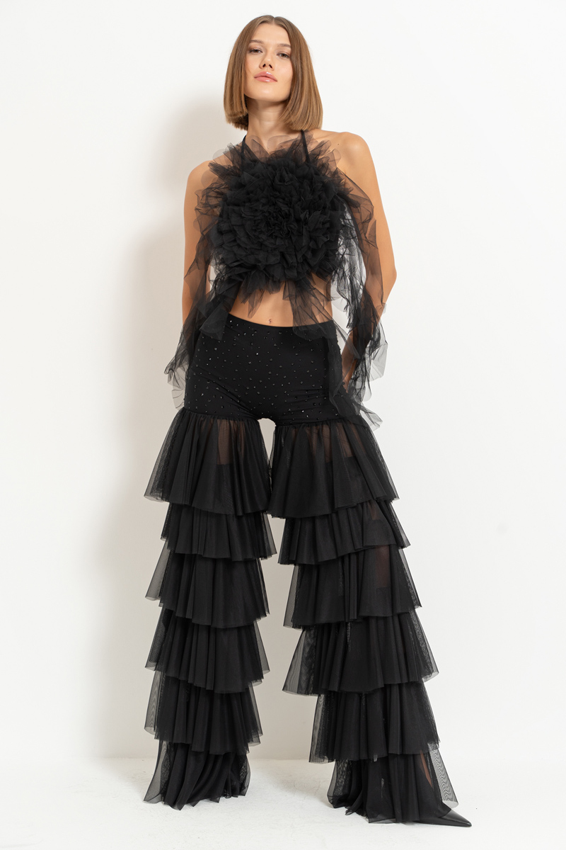 Siyah Biye Bağlamalı Güllü Saçaklı Büstiyer