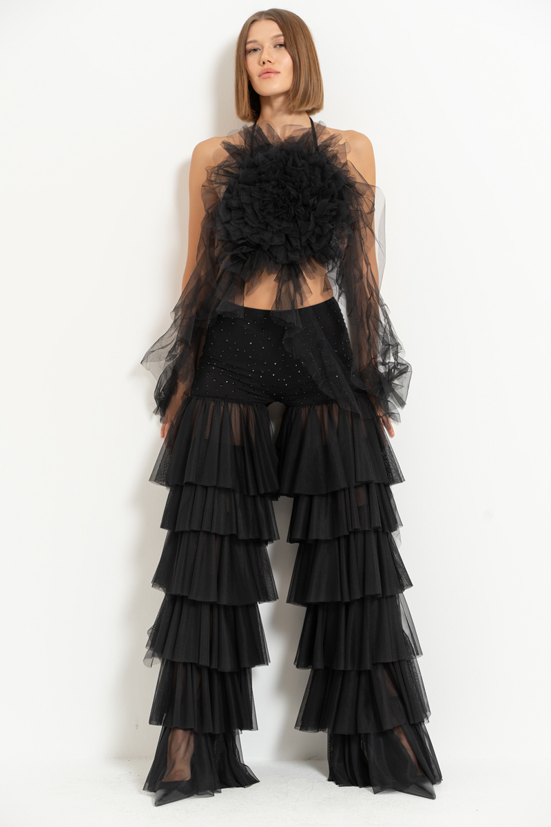 Siyah Biye Bağlamalı Güllü Saçaklı Büstiyer