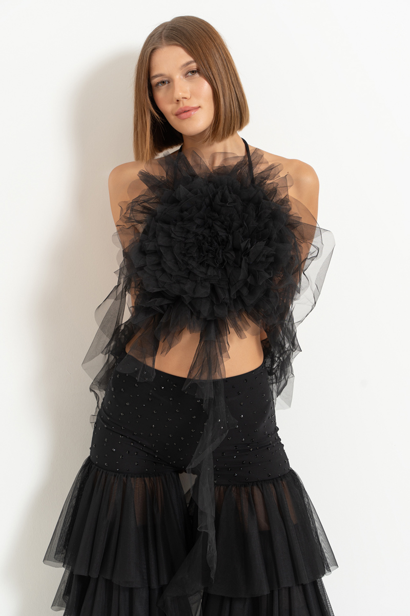 Siyah Biye Bağlamalı Güllü Saçaklı Büstiyer