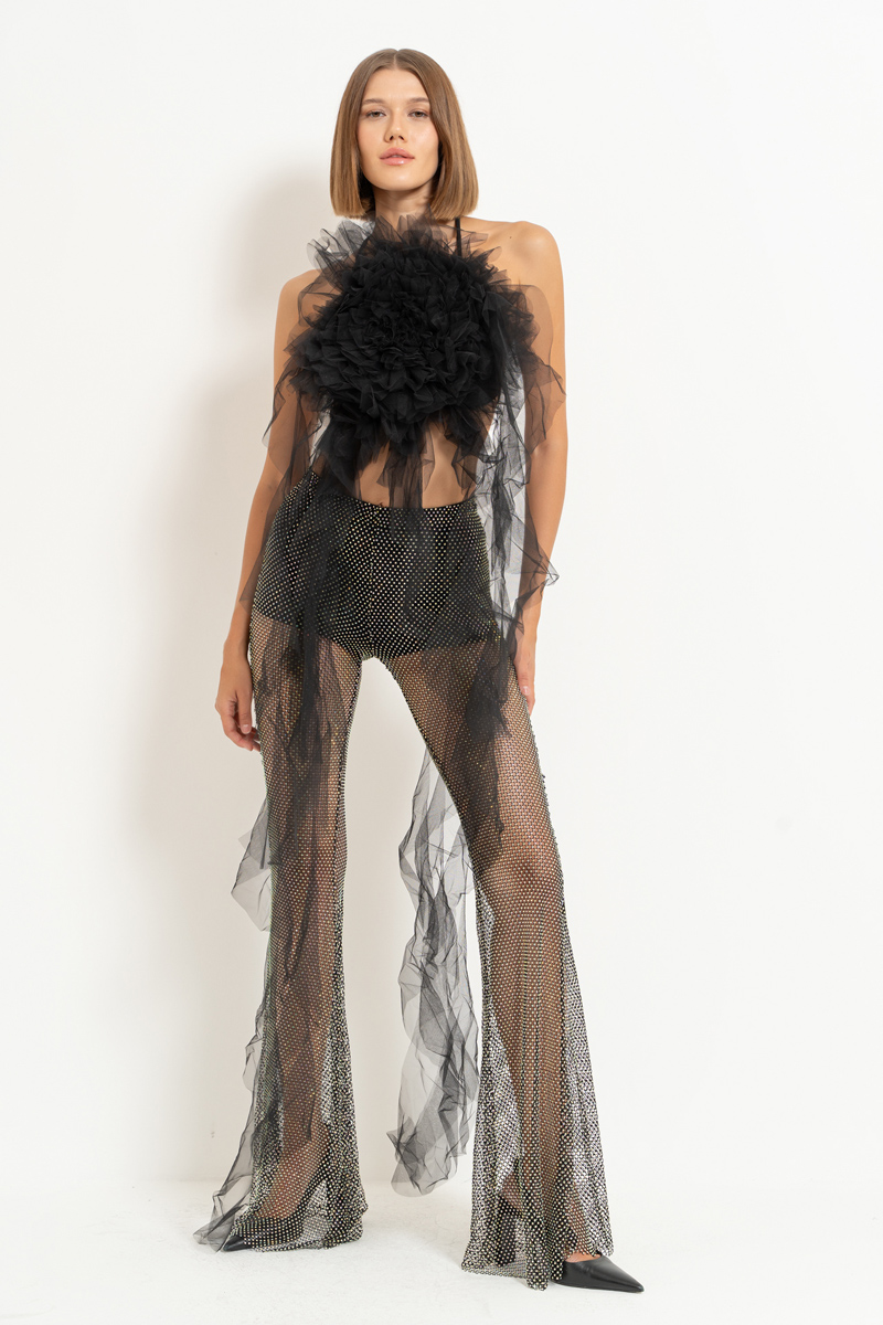 Siyah Biye Bağlamalı Güllü Saçaklı Büstiyer