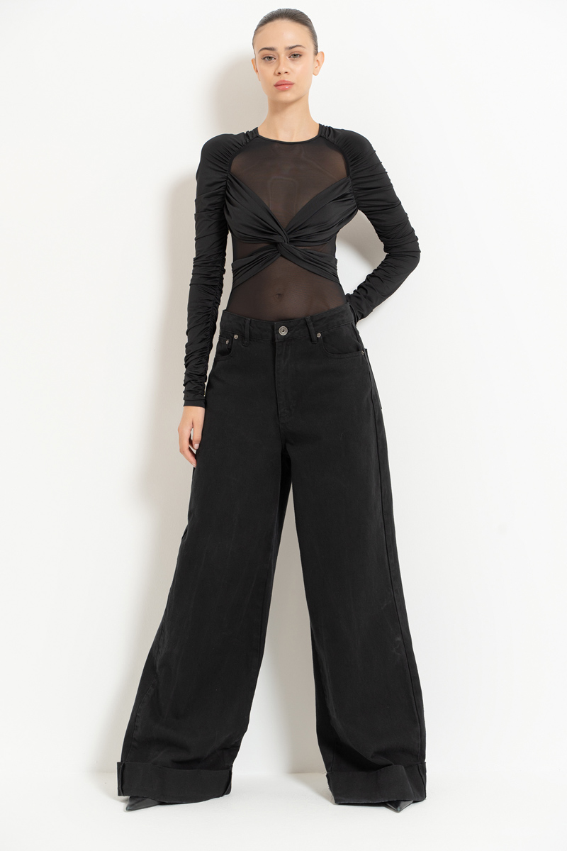 Siyah Büzgü Detaylı Transparan Bodysuit