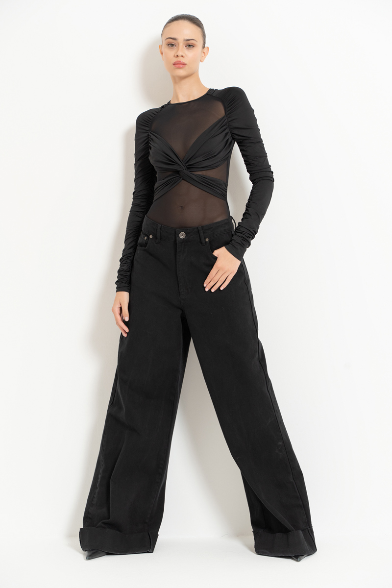 Siyah Büzgü Detaylı Transparan Bodysuit