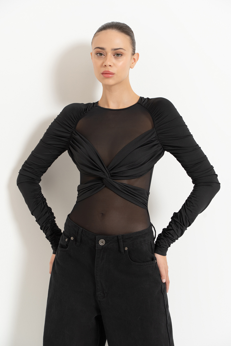 Siyah Büzgü Detaylı Transparan Bodysuit