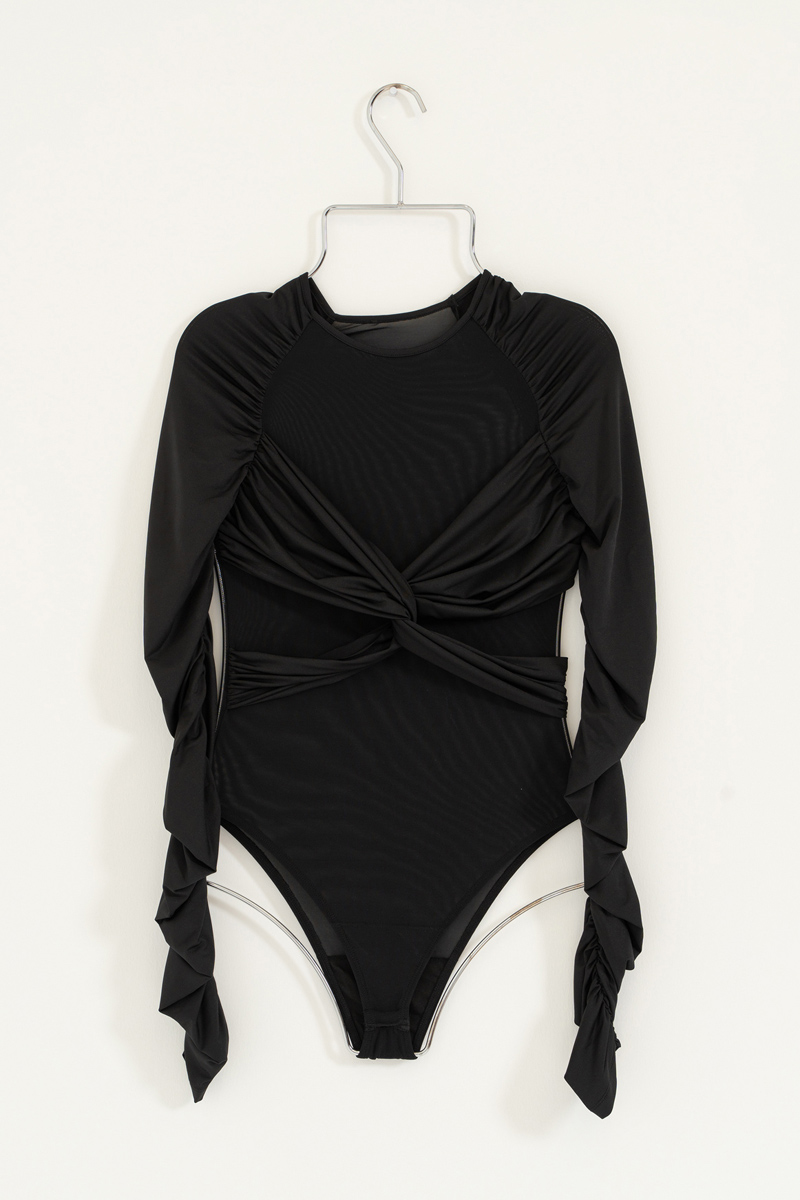 Siyah Büzgü Detaylı Transparan Bodysuit